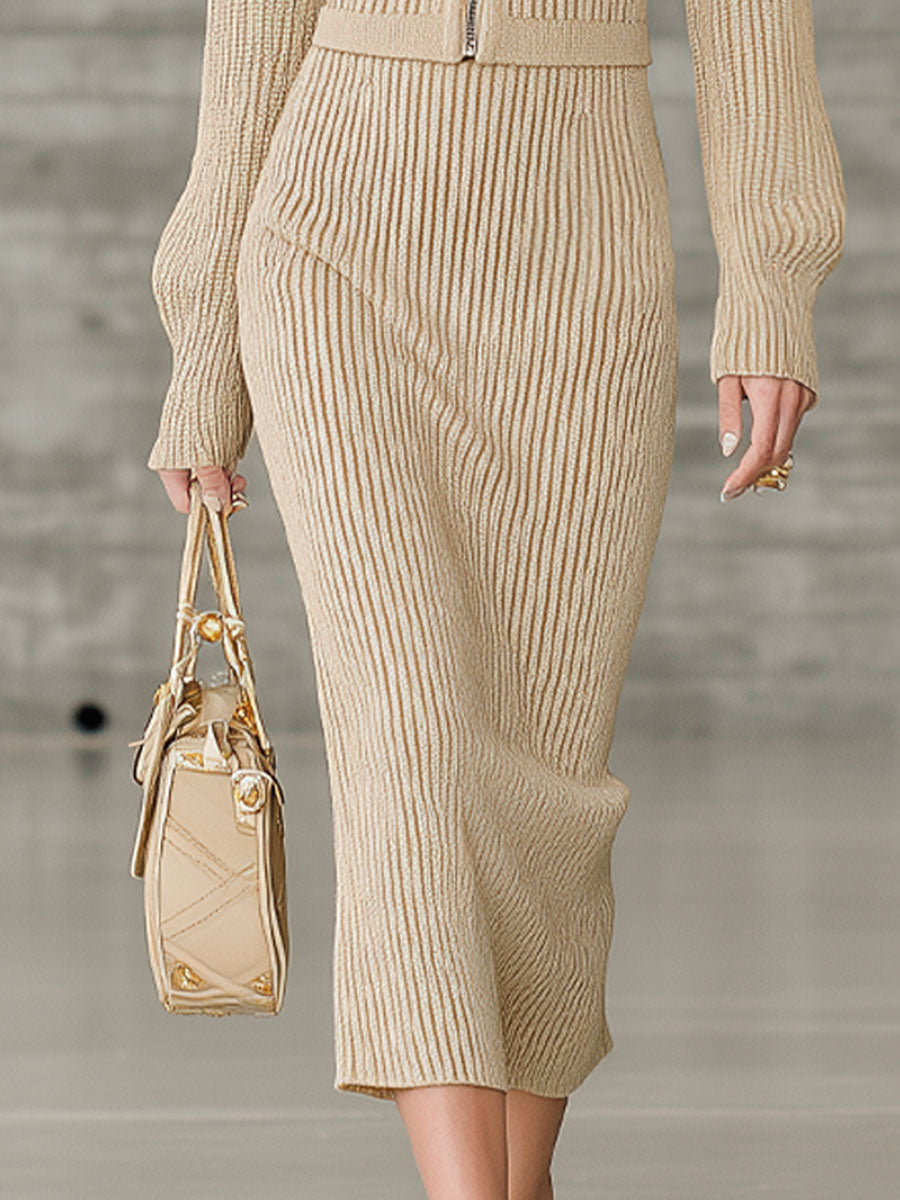 Fashionable And Casual Camel-Colored Ribbed Knitted Lapel Long-Sleeved Midi Skirt Suit