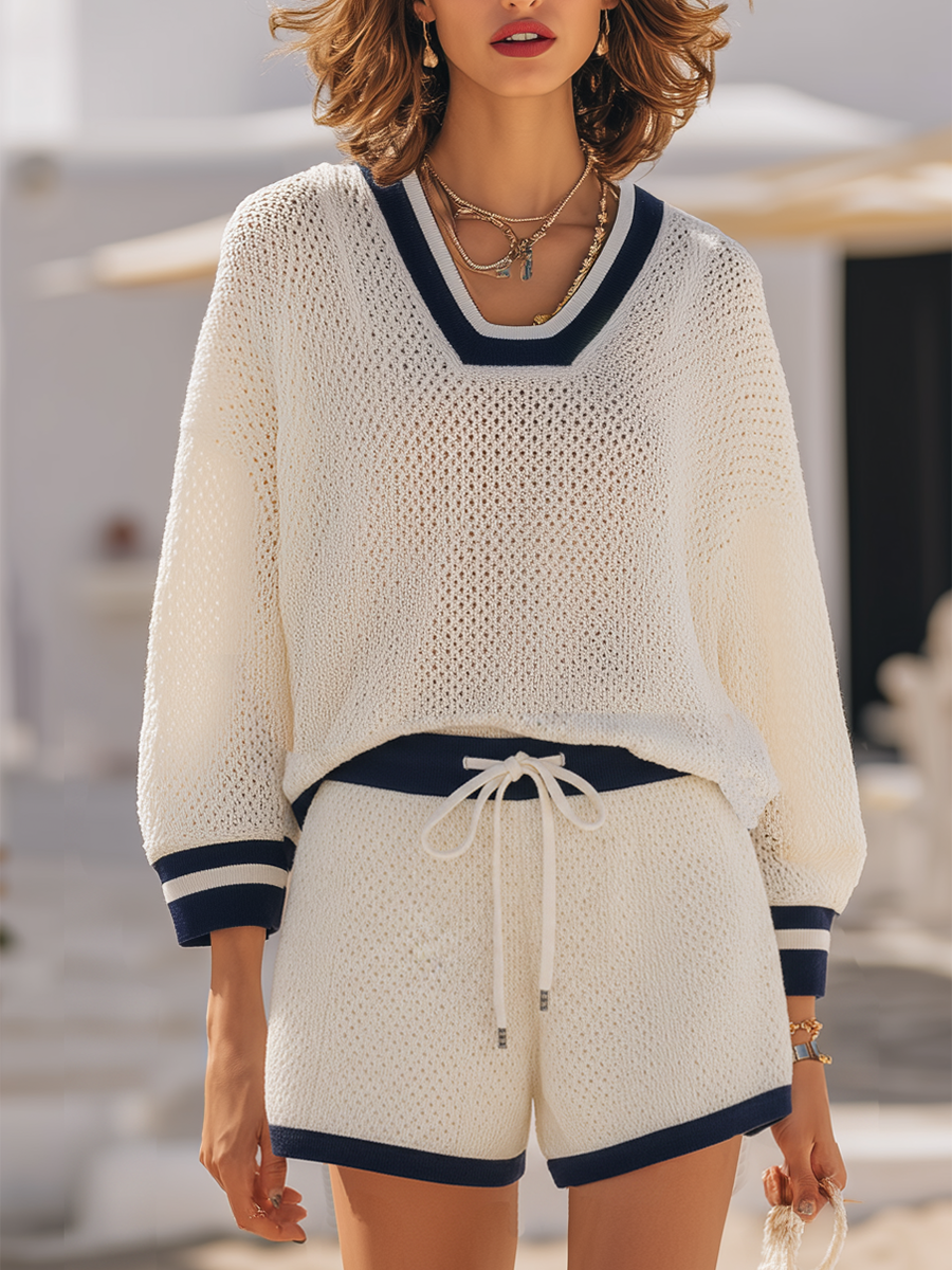 Vacation-style White Knitted Short-sleeved Top And Shorts Set