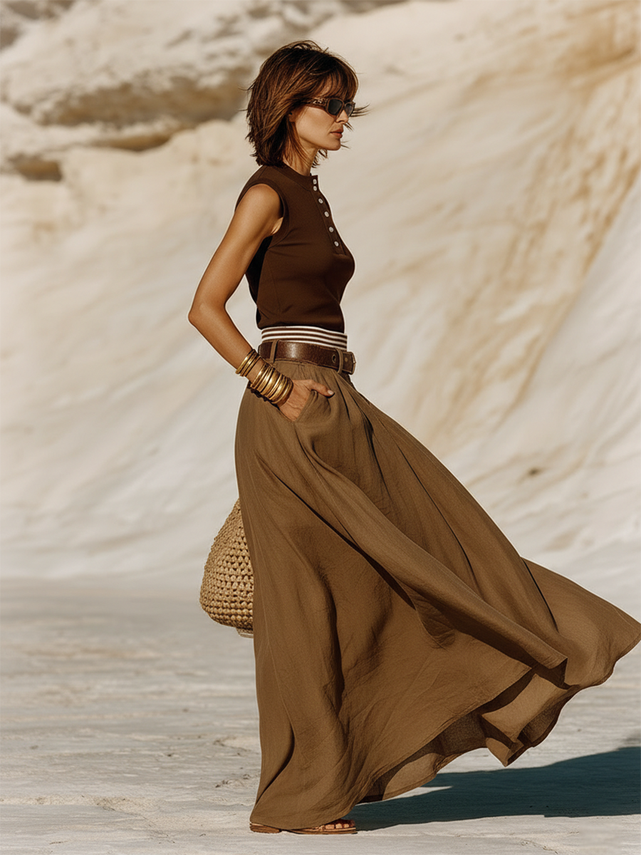 Casual And Stylish Sleeveless Knitted Top And Double-layered Waistband Cotton Skirt Set