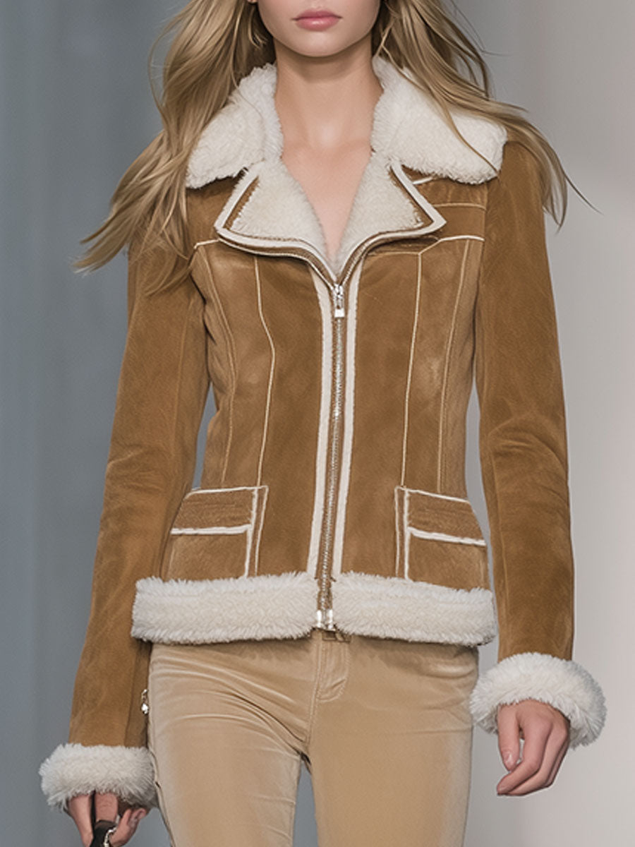 Retro Fashion Fur Collar Brown Suede Jacket