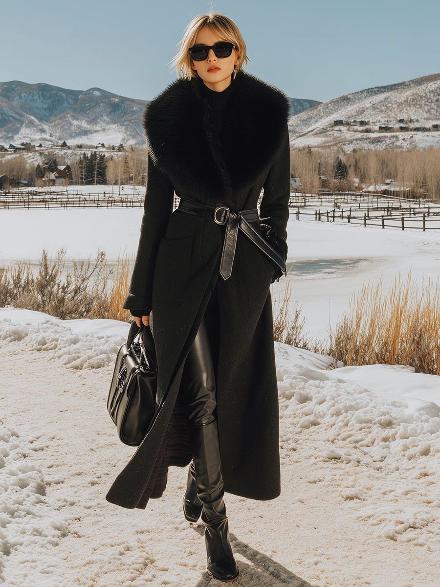 Elegant Classic Fur Collar Belt Long Black Wool Coat