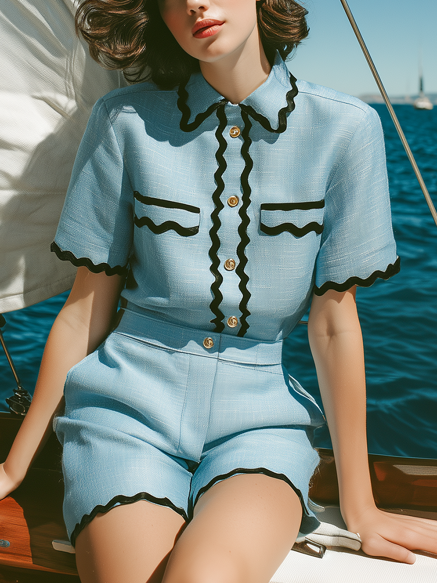 Stylish Vacation Black Wavy Trim Blue Top And Shorts Set