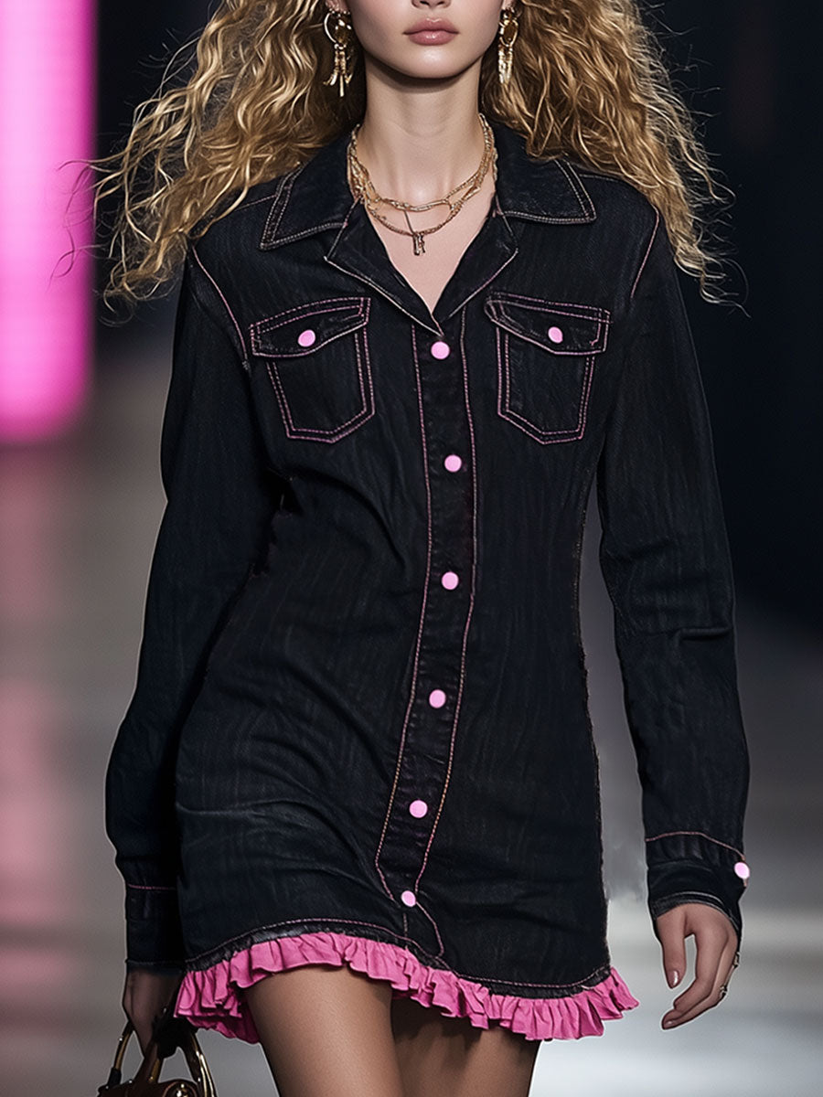 Retro Fashion Black Washed Denim Pink Topstitch Lace Design Lapel Mini Dress