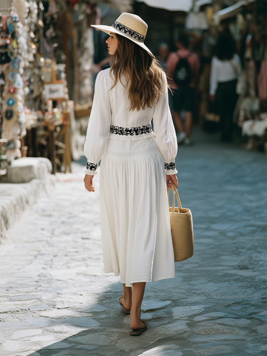 Romantic Bohemian Style Black Embroidered Top With Ruffled Neckline And Matching Skirt Set