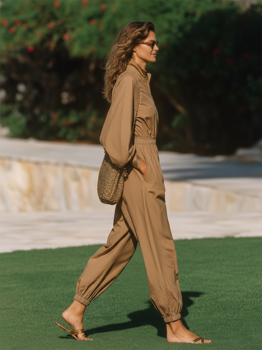 Brown Loose-fitting Cotton Jumpsuit