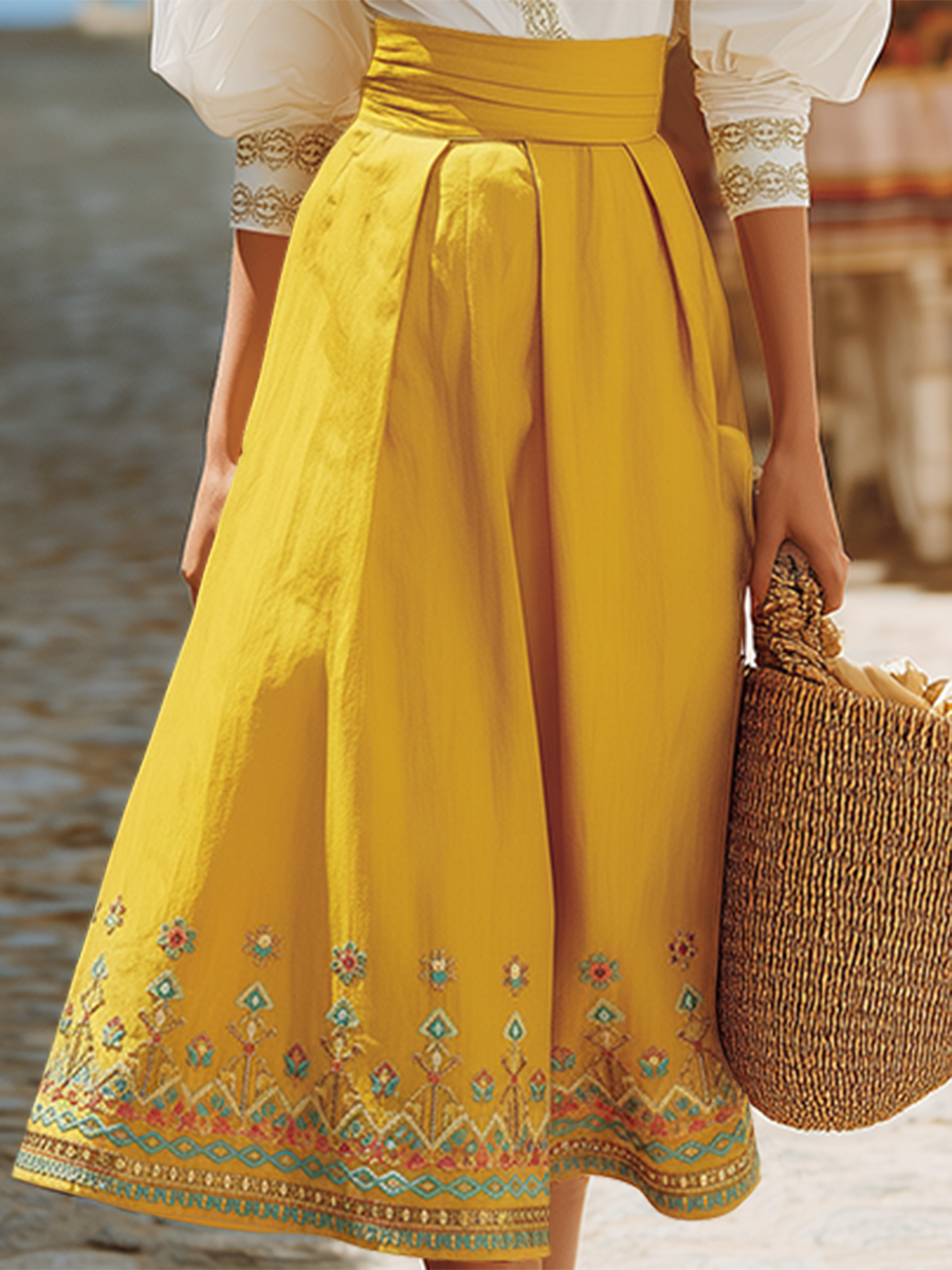 Bohemian Style Cotton V-neck Embroidered Skirt Set