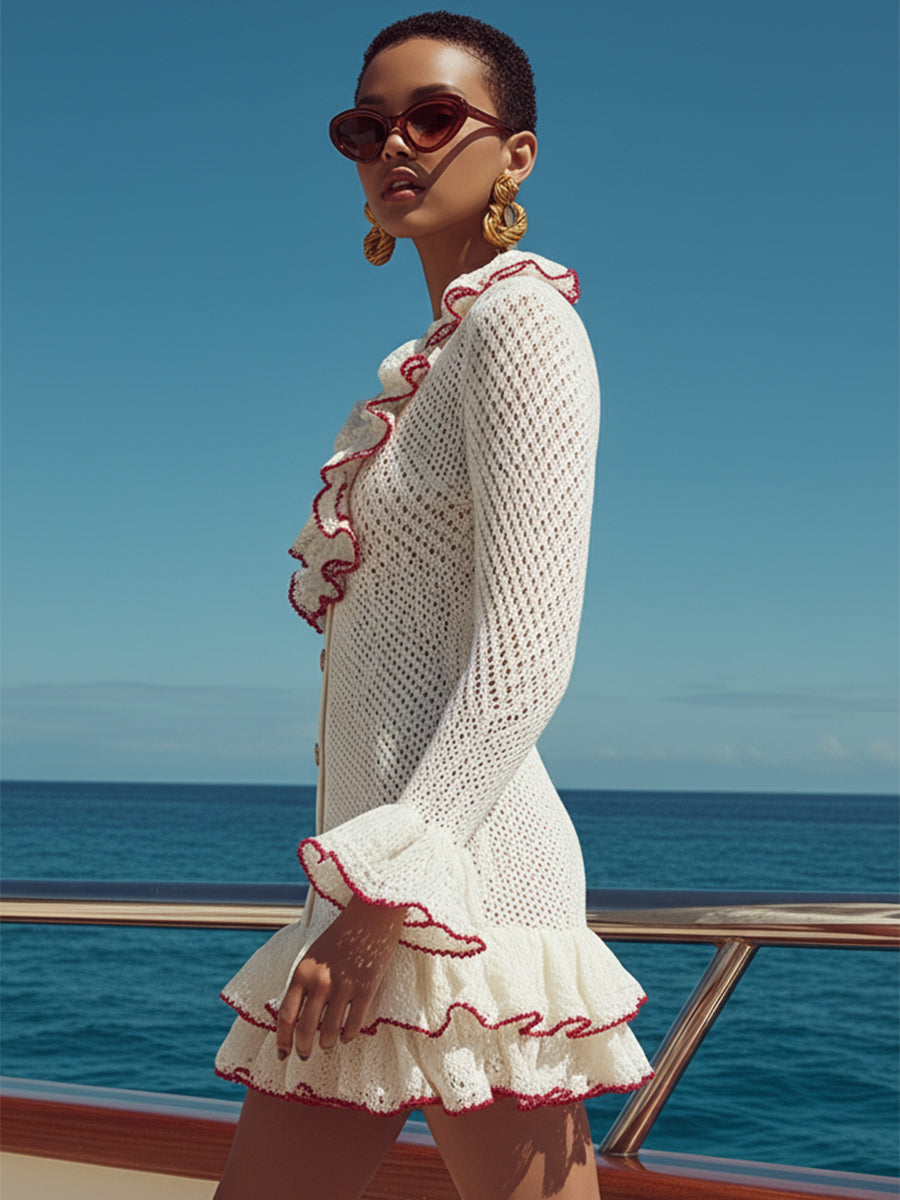 Fashionable Vacation V-neck Red Trim Knit Ruffle Mini Dress