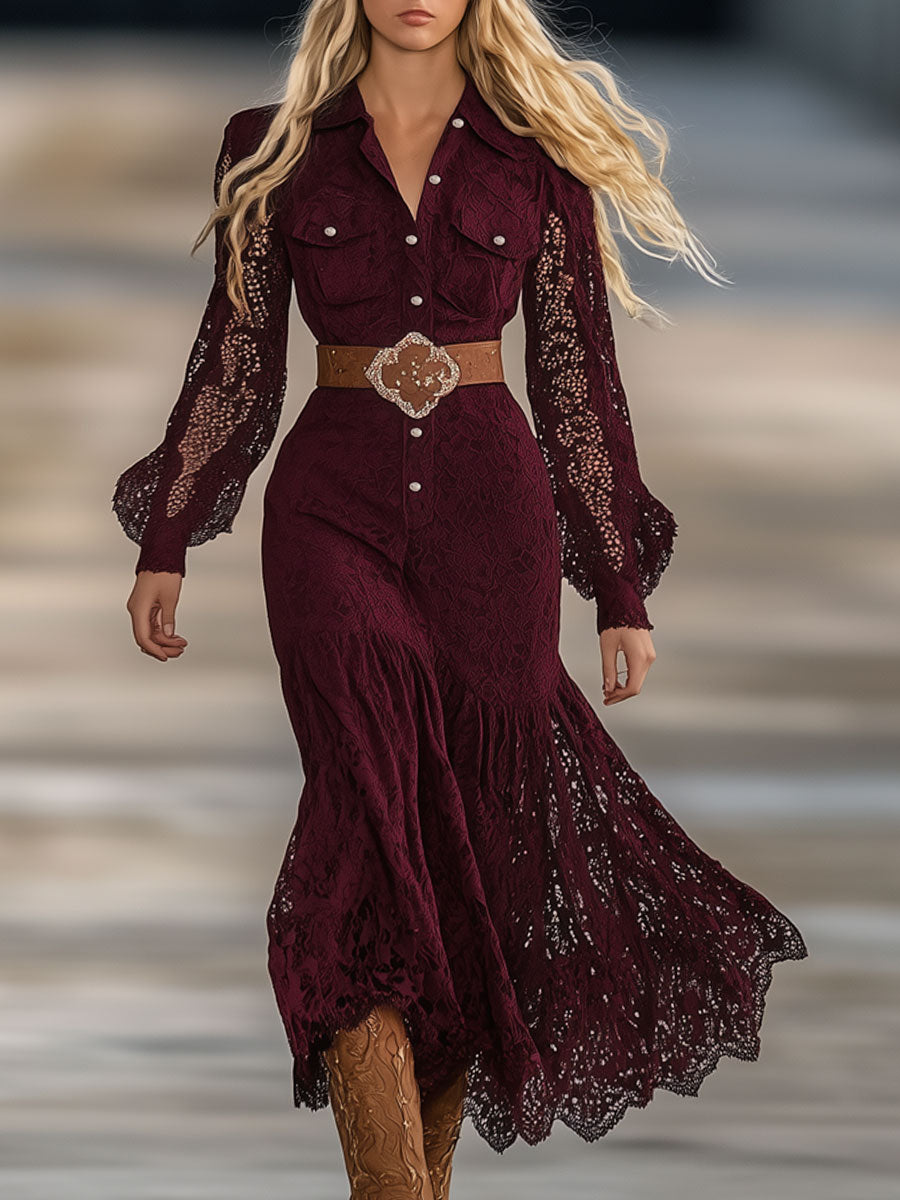 Vintage Purple Lace Long Sleeve Shirt-Style Lace-Up Maxi Dress