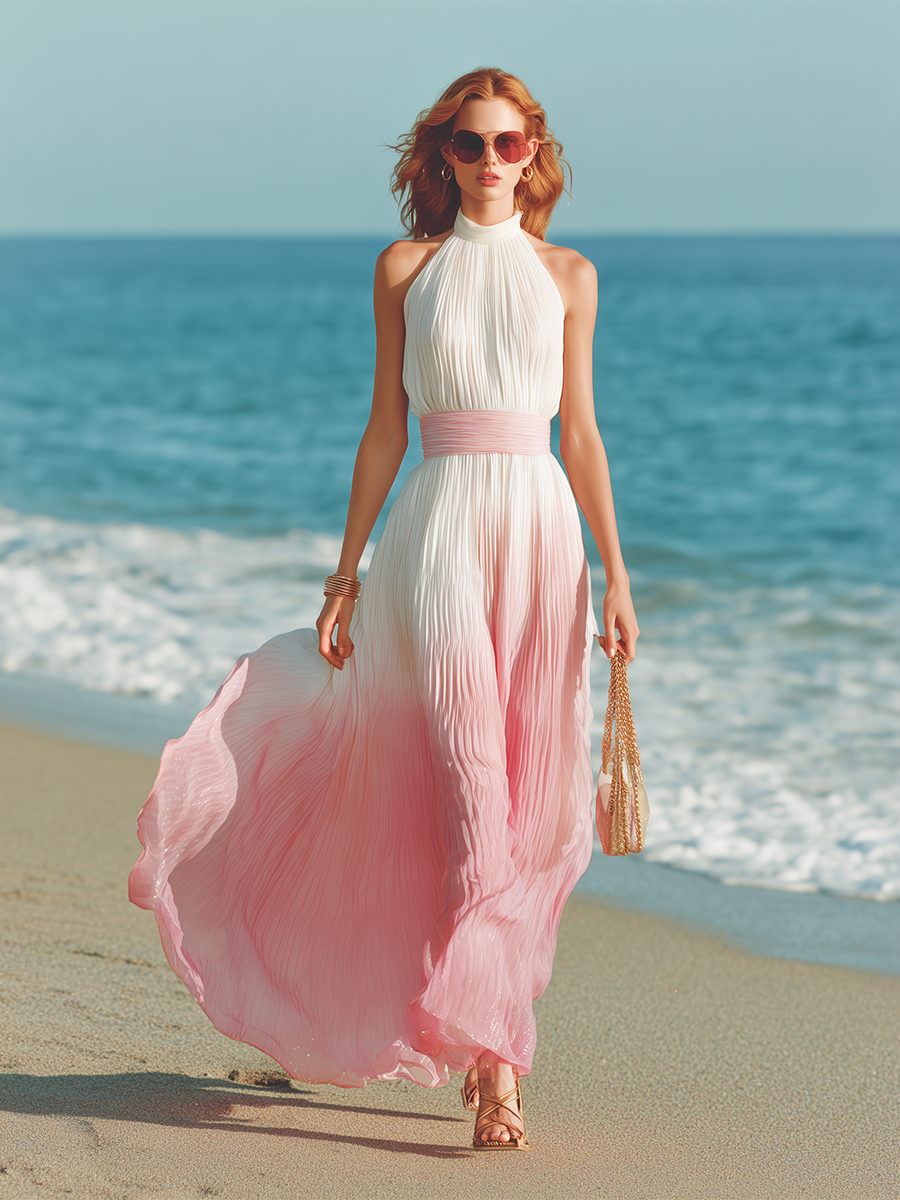 Vacation-style Round-neck Chiffon Gradient Maxi Dress