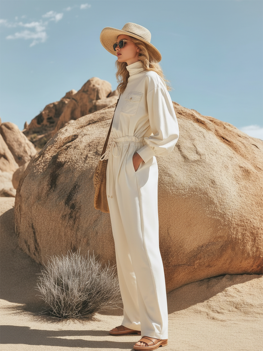 Resort-style Cotton Turtleneck Long-sleeved Trouser Set