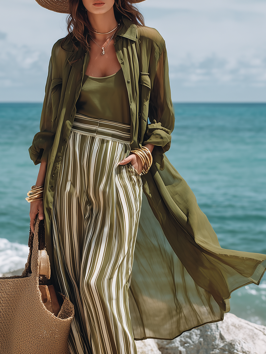 Beach Vacation Sheer Long Shirt And Striped Wide-leg Pants Suit