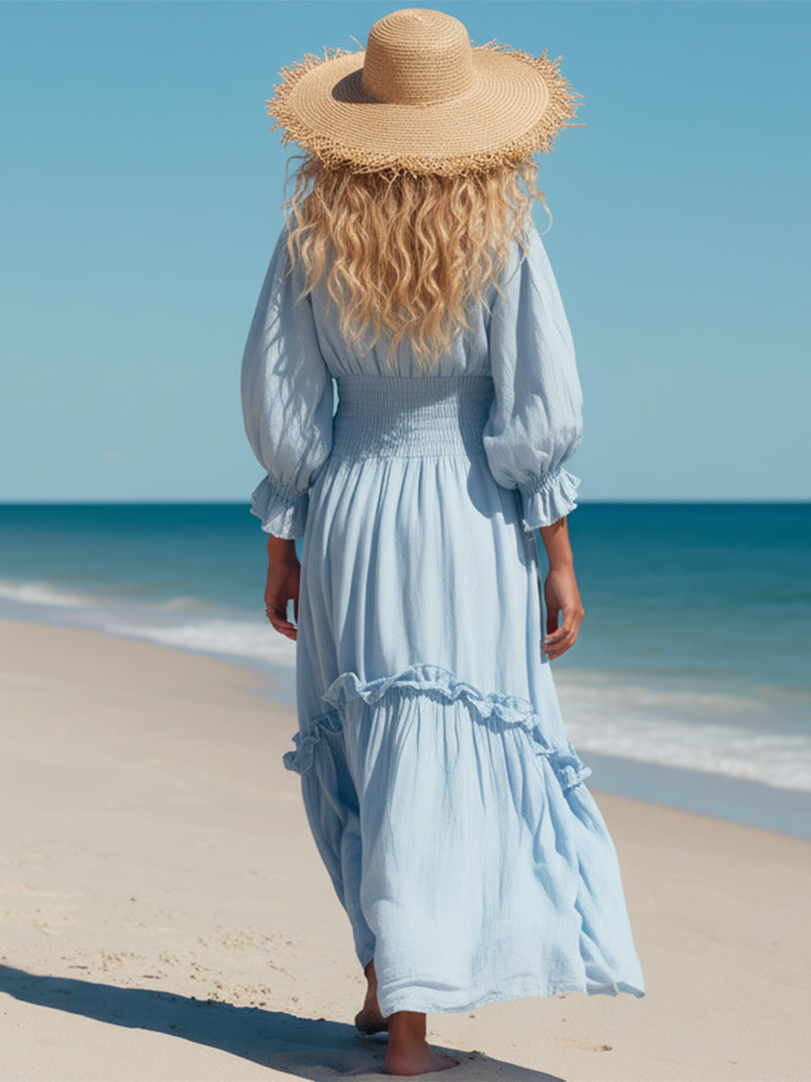 Relaxed Vacation-ready Light Blue Drawstring Maxi Dress