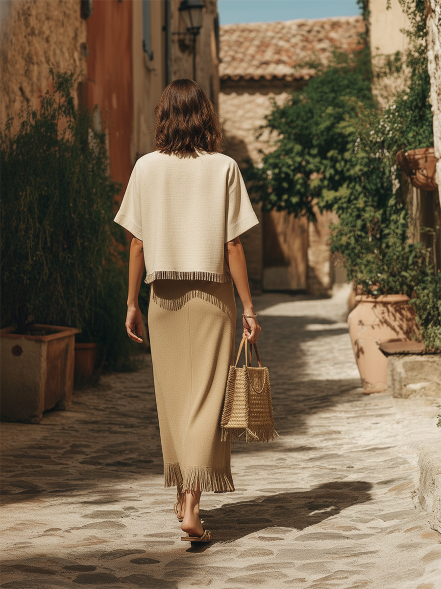 Bohemian Style Tassel Short-sleeved Top And Skirt Set