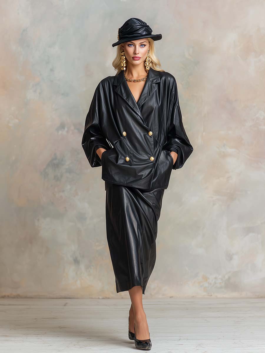 Casual And Fashionable Black PU Suit Skirt Loose Set