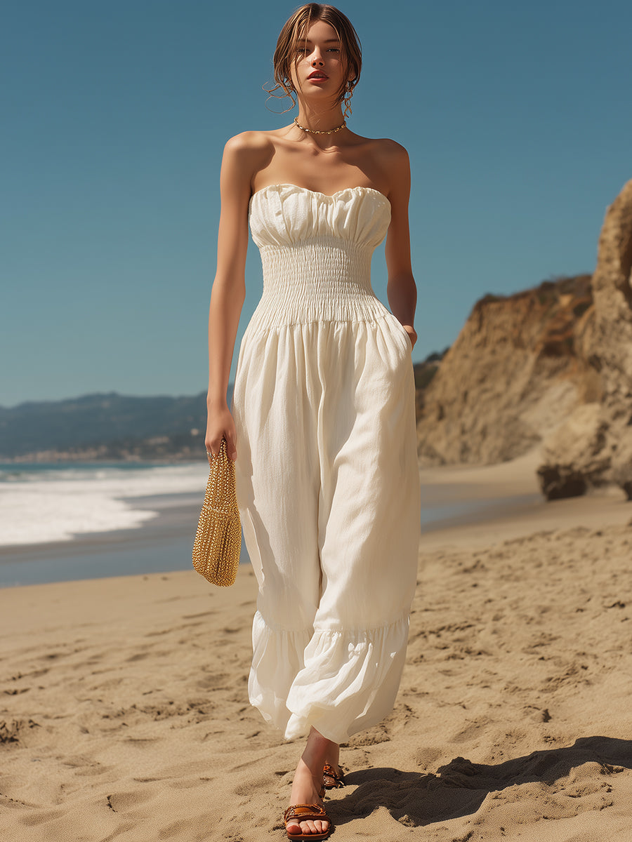 Casual Vacation Off-White Cotton Linen Sleeveless Loose Jumpsuit