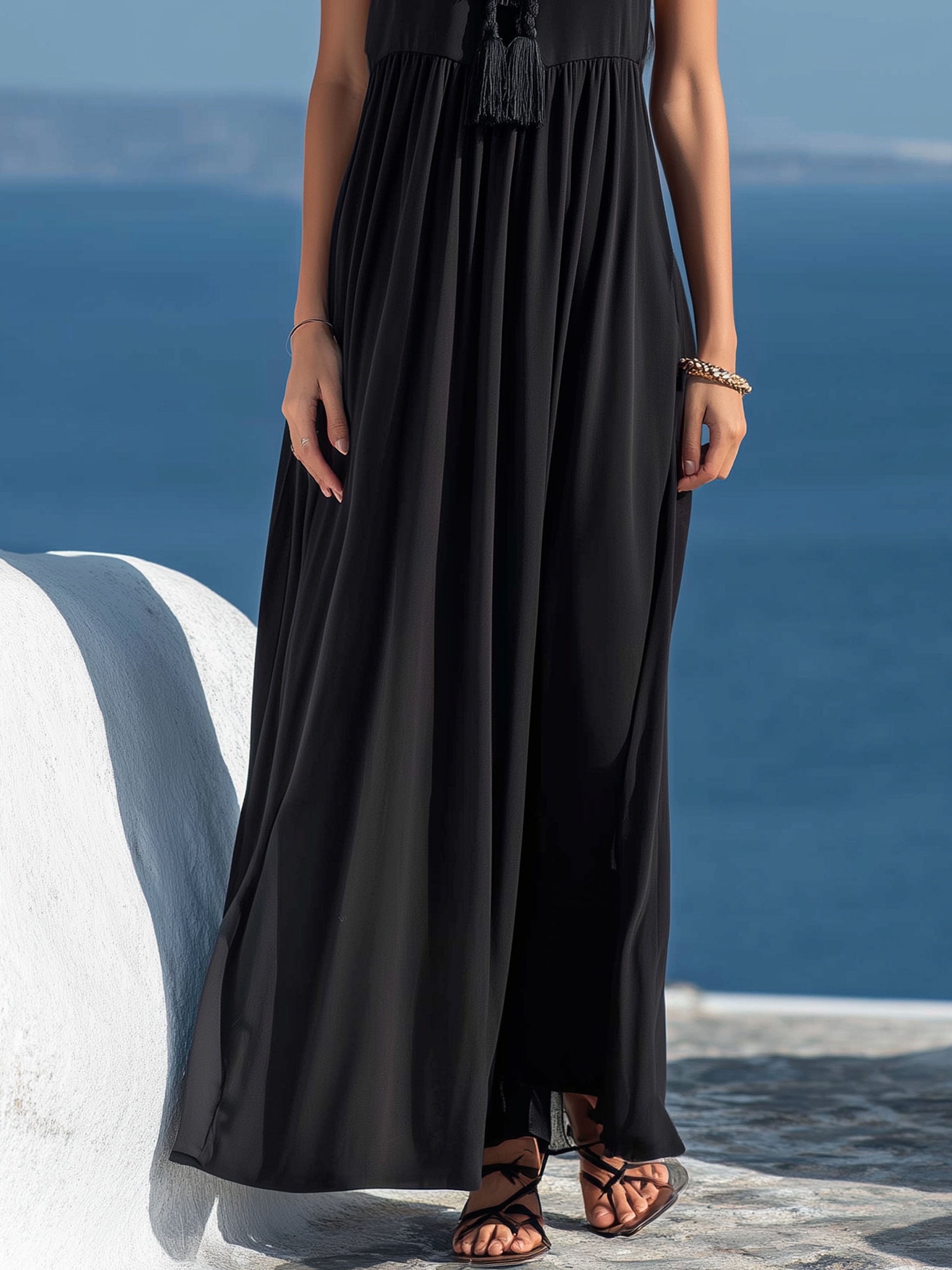 Vacation Black Fringe Tie-Wrap Sleeveless Maxi Dress