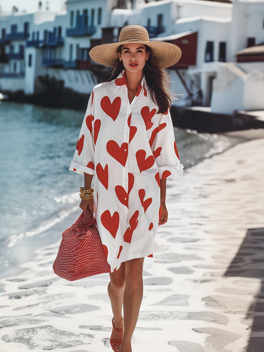 Casual Vacation Style Heart Print Long-sleeved Shirt Midi Dress