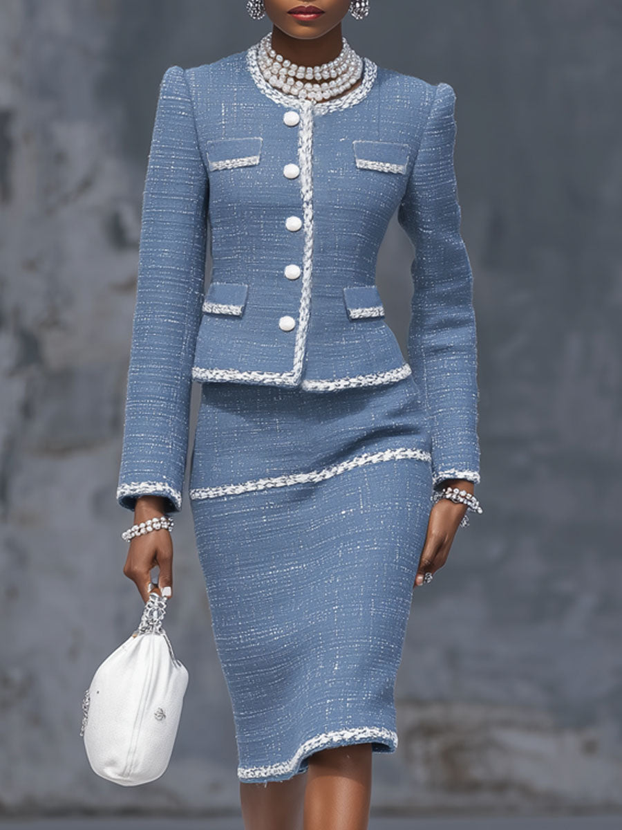 Elegant Single-breasted Blazer And Skirt Tweed Two-piece Suit