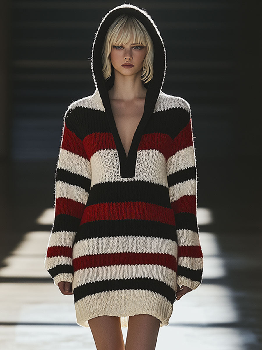 Retro Casual Loose Contrast Striped Knitted Hooded Mini Dress