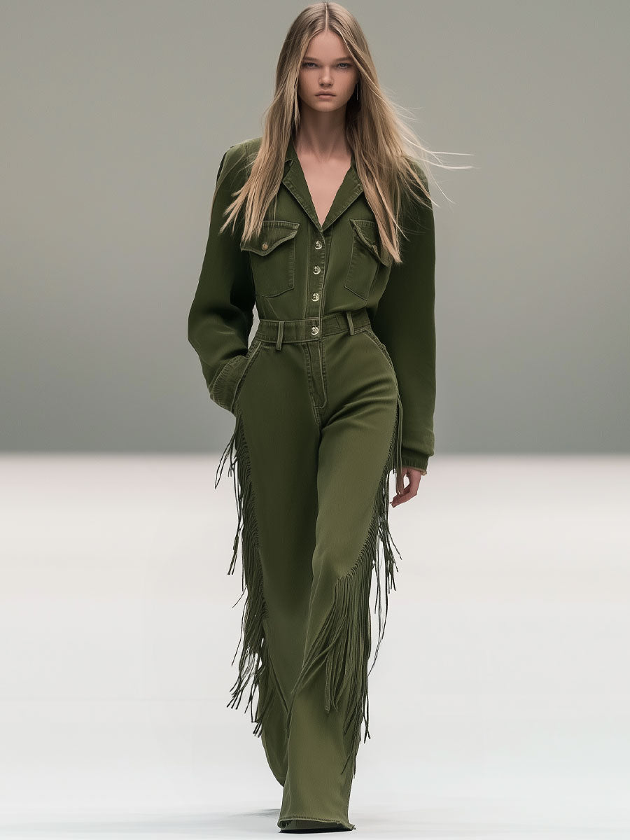 Fashion Retro Olive Green Washed Denim Lapel Tassel Jumpsuit