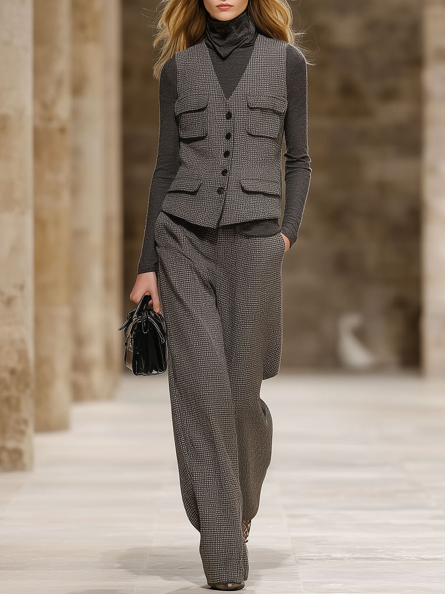 Retro Fashion Vest Wide-Leg Pants Gray Tweed Suit