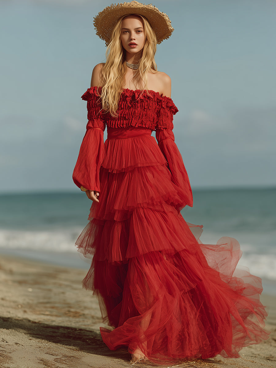 Romantic Vacation Red Tulle Off-shoulder Multi-tiered Cake Maxi Dress