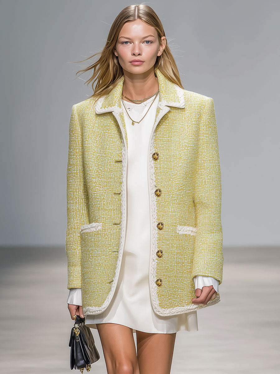 Elegant And Fashionable Yellow Tweed Jacket With Shirt Collar
