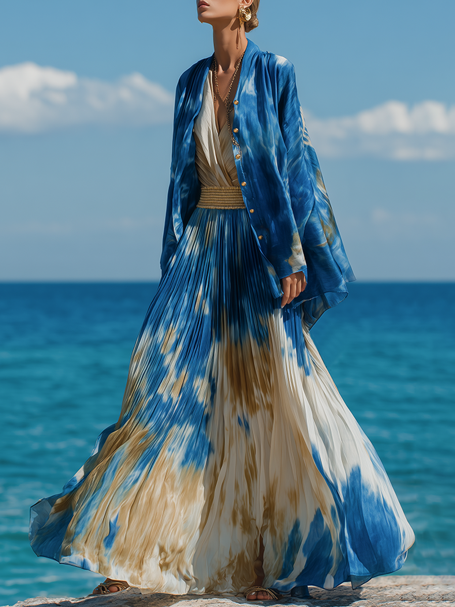 Stylish Vacation-style Printed Chiffon Shirt And Pleated Skirt Set