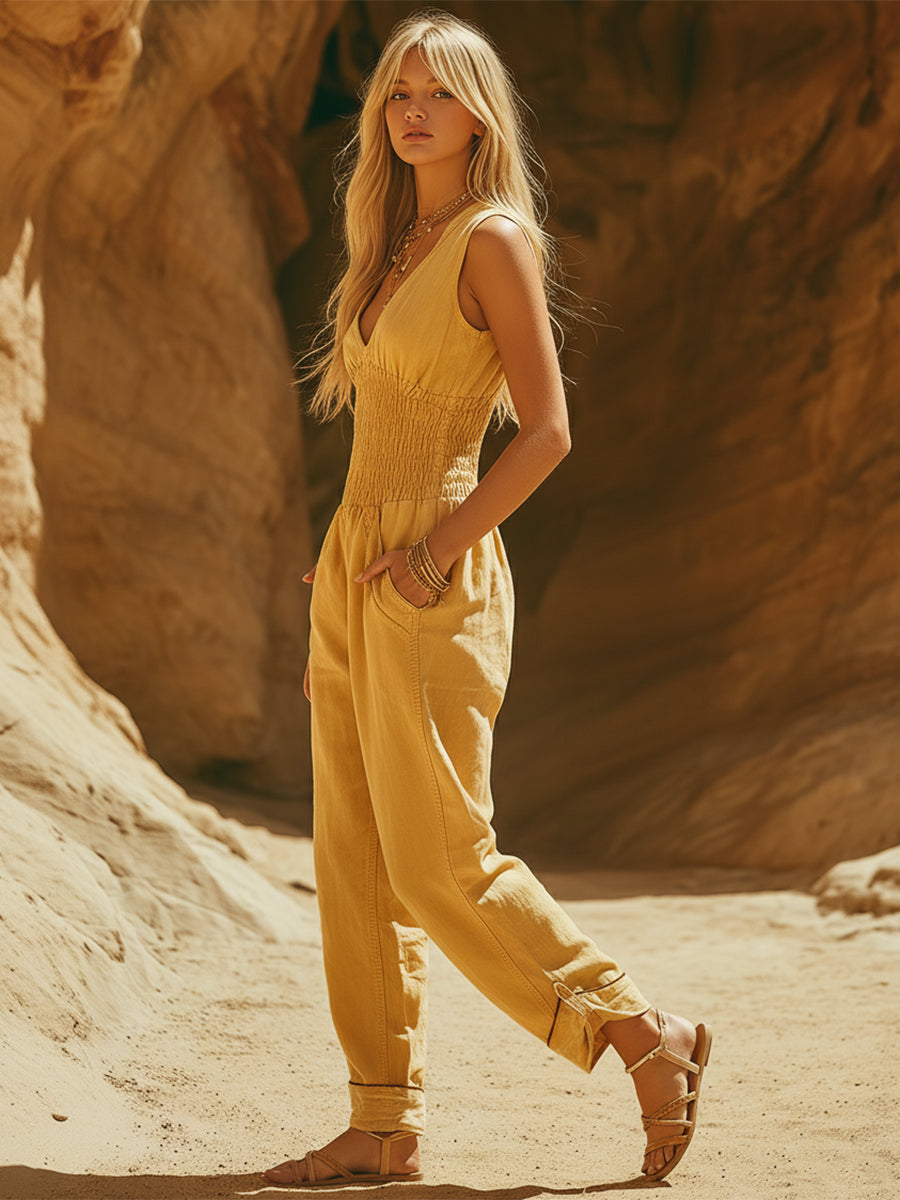 Casual Retro Vacation V-neck Yellow Sleeveless Jumpsuit