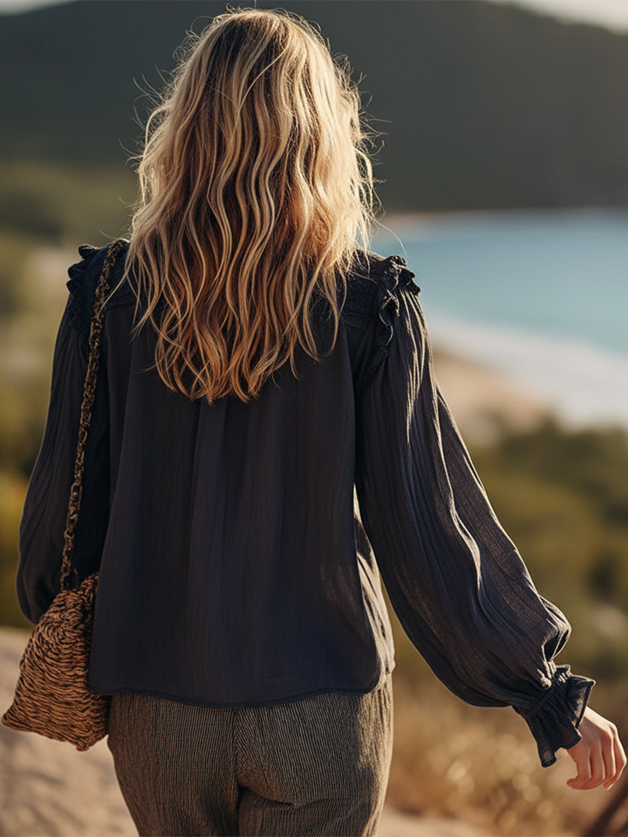 Bohemian Casual Navy Blue Cotton Linen V-neck Loose Shirt