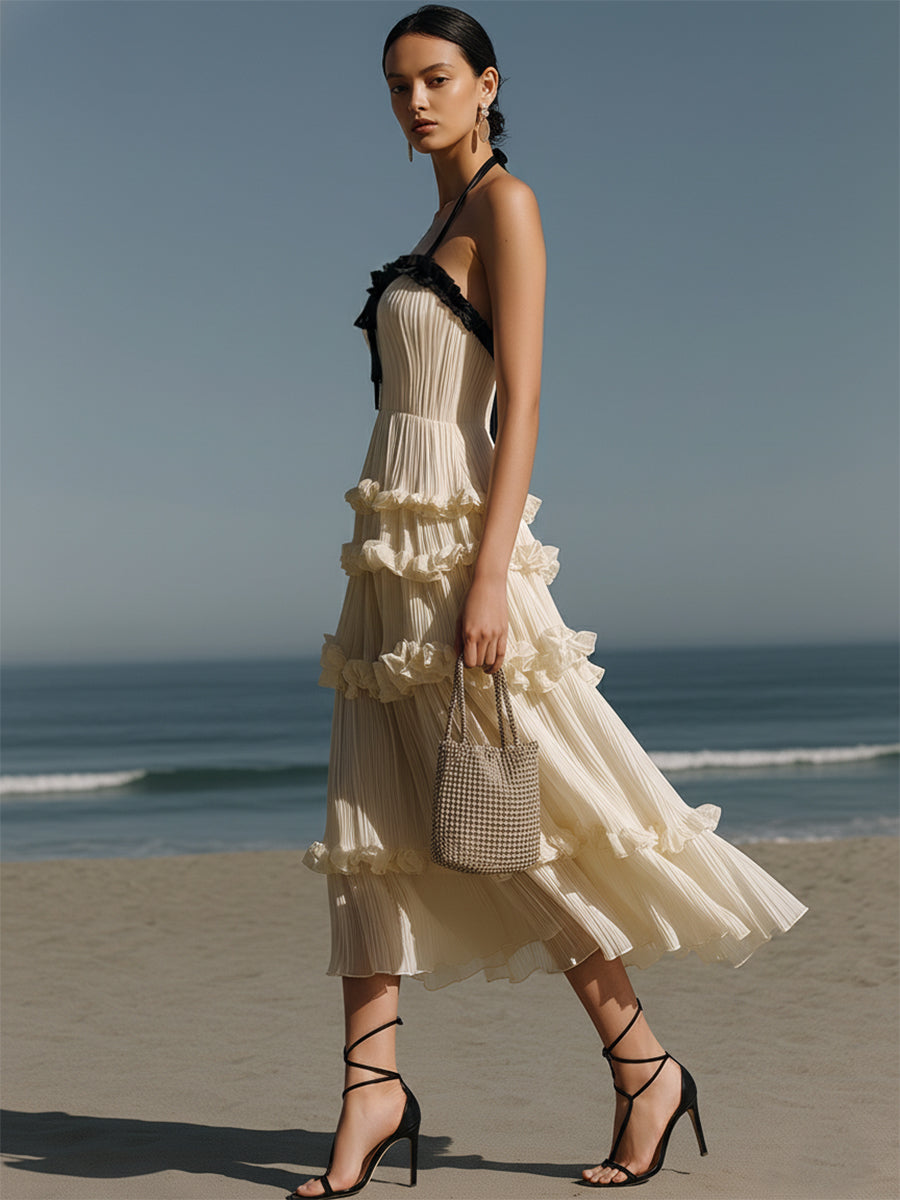 French Romantic Style Off-white Pleated Chiffon Halter Neck Ruffle Midi Dress