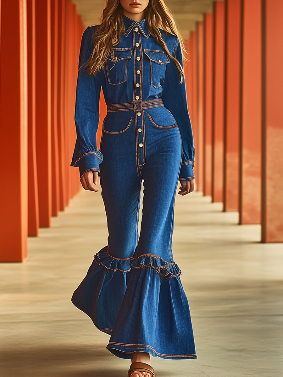Vintage Blue Denim Topstitched Long Sleeve Ruffled Flared Jumpsuit