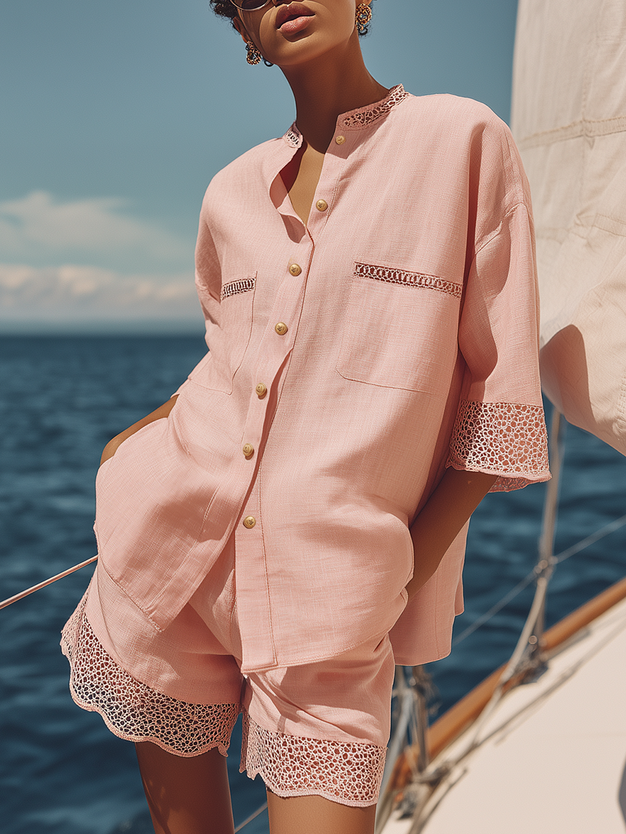 Casual Vacation Style Lace Trim Short-sleeved Cotton And Linen Shirt And Shorts Set