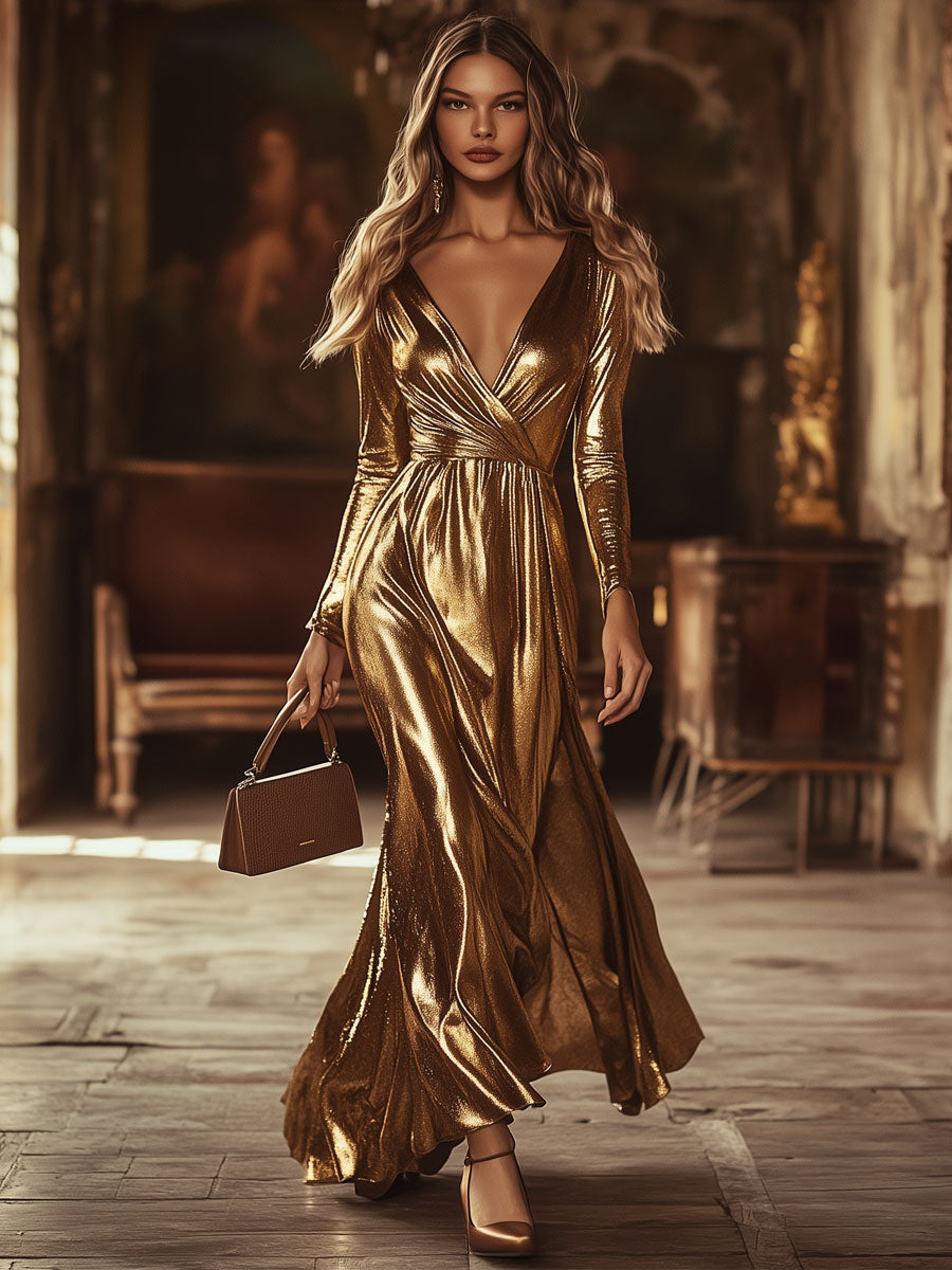 Retro Elegant Champagne Gold Shiny Long Sleeve Party Maxi Dress