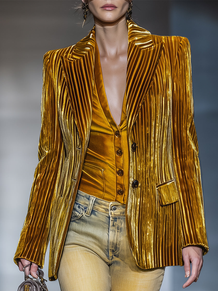 Gold Velvet Textured Suit Jacket