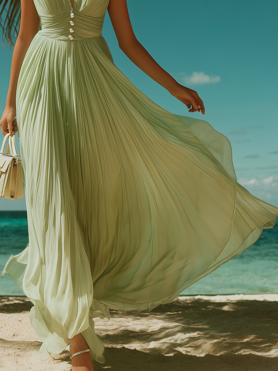 Bohemian Elegant Light Green Chiffon Pleated Maxi Dress