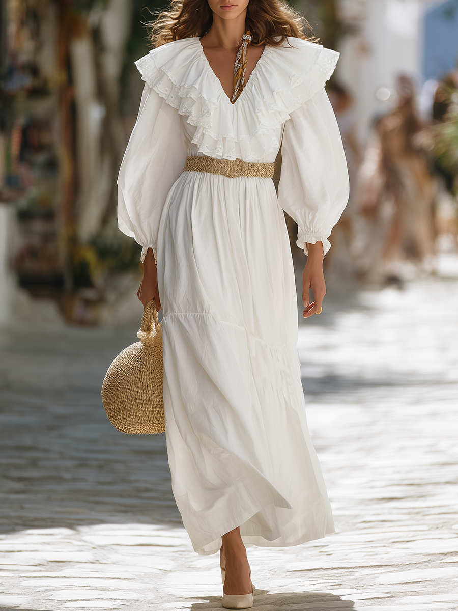 Romantic Bohemian V-neck Ruffled White Cotton Maxi Dress