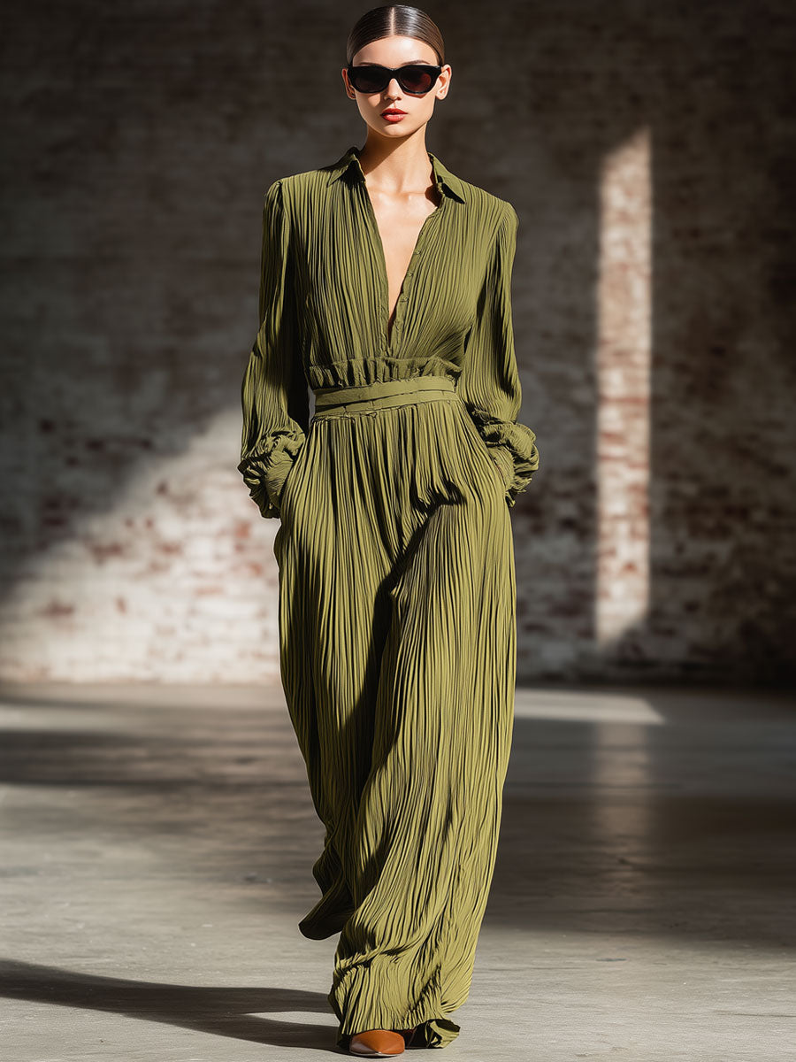 Retro Avocado Textured Wrinkled Long Sleeve Shirt Wide Leg Pants Set