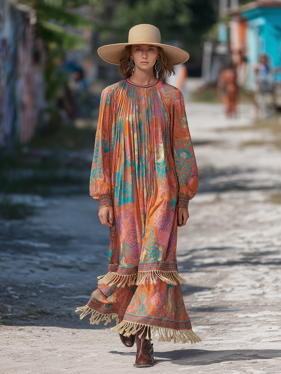 Loose-fitting Bohemian Print Tassel-trimmed Chiffon Maxi Dress