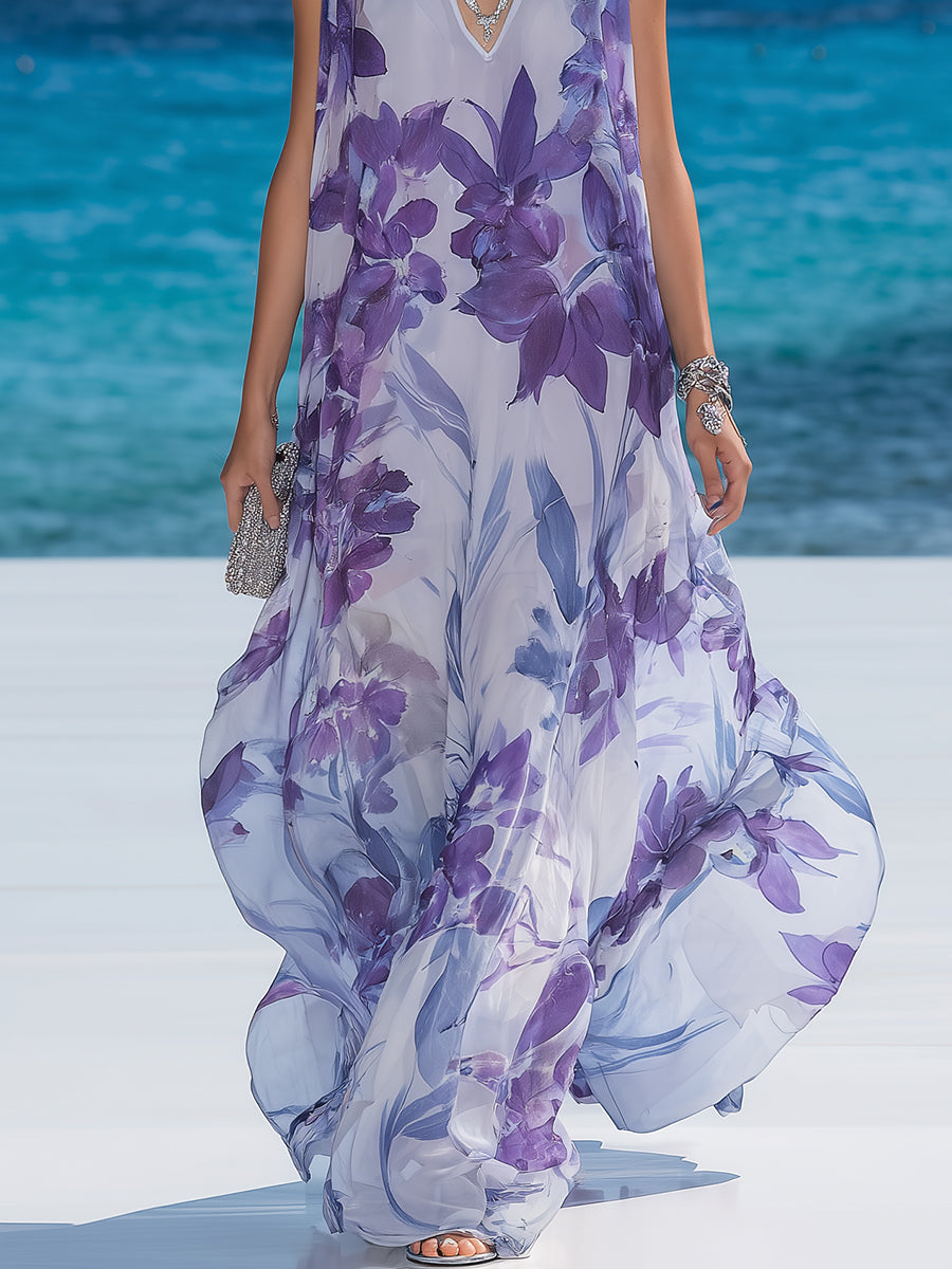 Bohemian-style Vacation Purple Floral Chiffon V-neck Sleeveless Maxi Dress