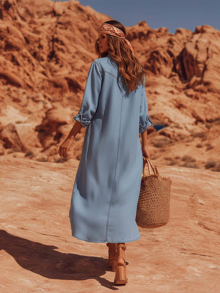 Loose Bohemian Denim Shirt Maxi Dress
