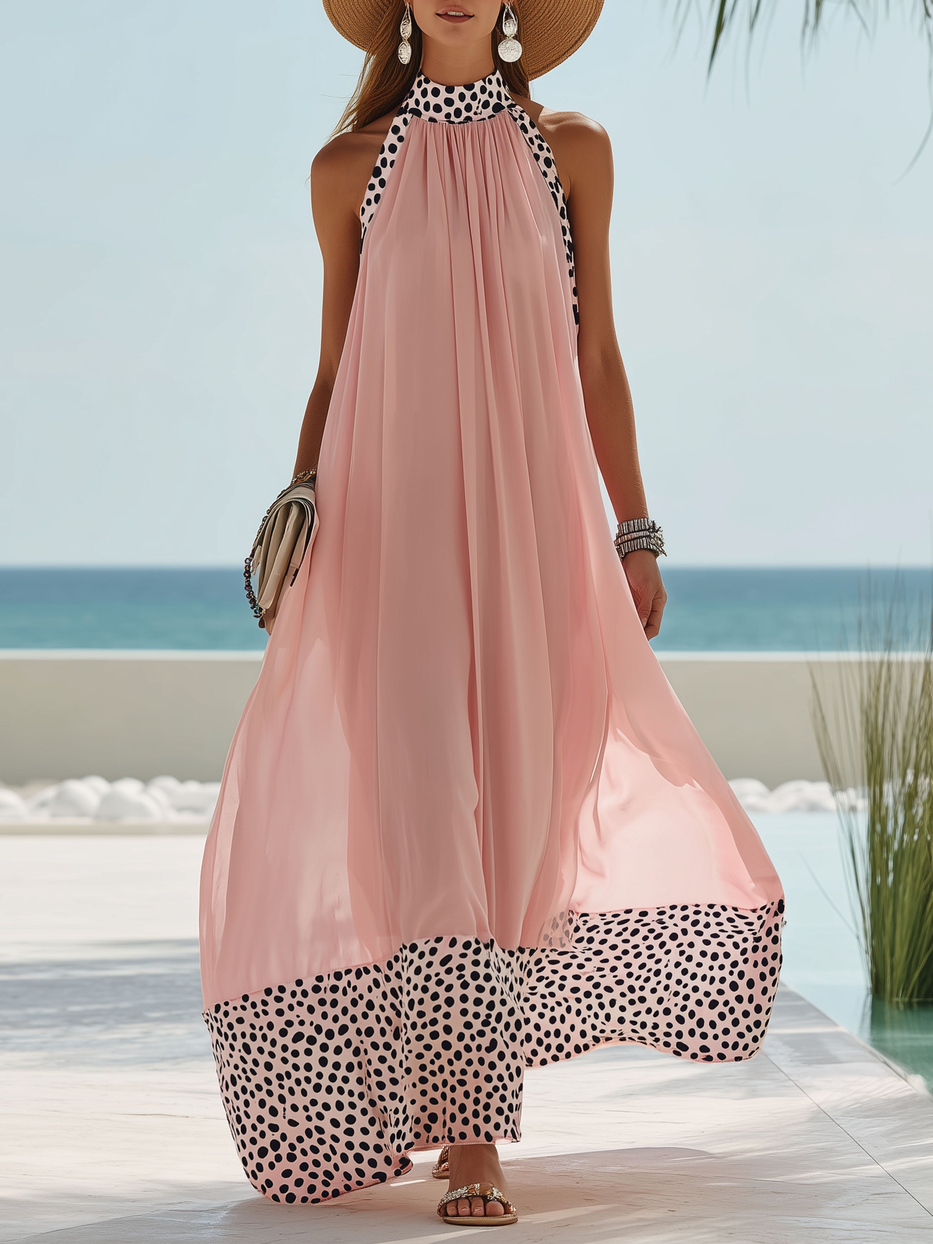 Pink Chiffon Halter Neck Patchwork Black And White Polka Dot Maxi Dress
