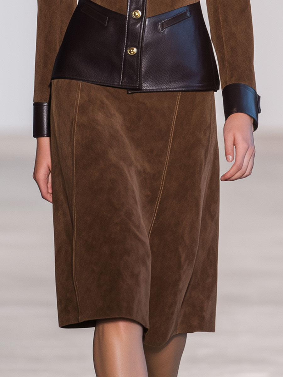 Retro Fashion Faux Suede And Faux Leather Brown Midi Skirt Set