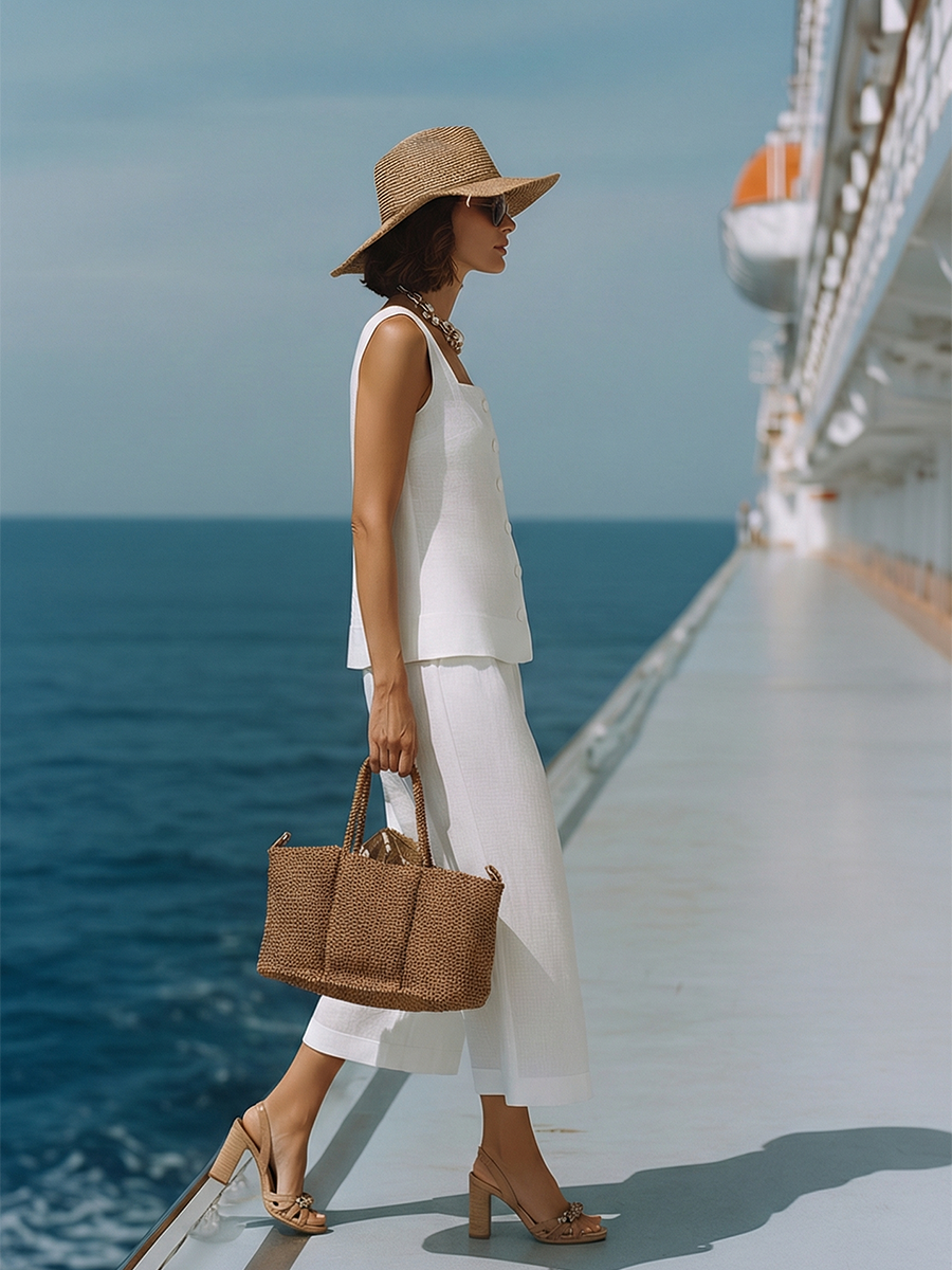 Classic White Cotton-linen Square-neck Top And Capri Pants Set