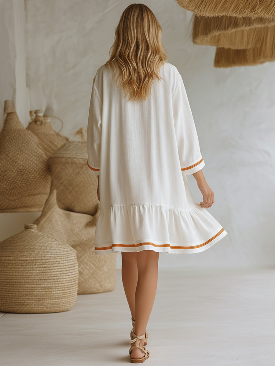 Casual Loose-fitting Orange Trim White Long-sleeved Mini Dress