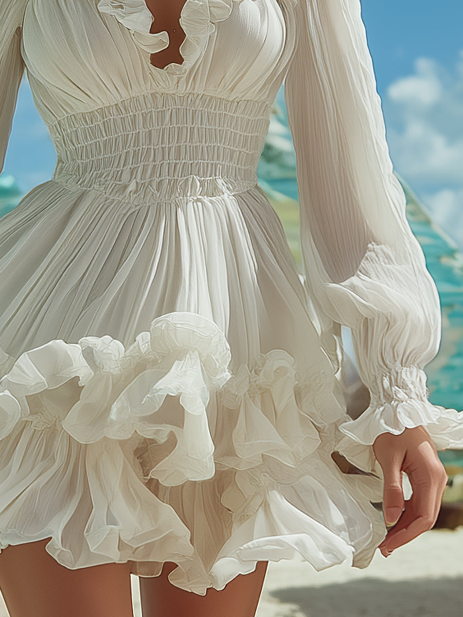 Bohemian White Chiffon Ruffled Hem Mini Dress