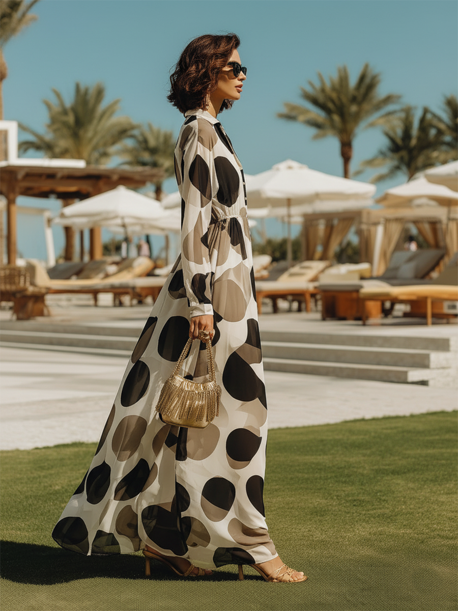 Vacation-style Chiffon Printed Long-sleeved Maxi Dress