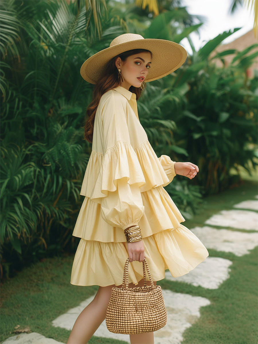 Romantic Vacation Style Ruffled Hem Yellow Cotton Long-sleeved Mini Dress