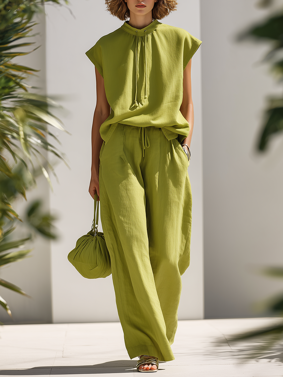 Vacation-style Cotton And Linen Sleeveless Round-neck Top And Trousers Set