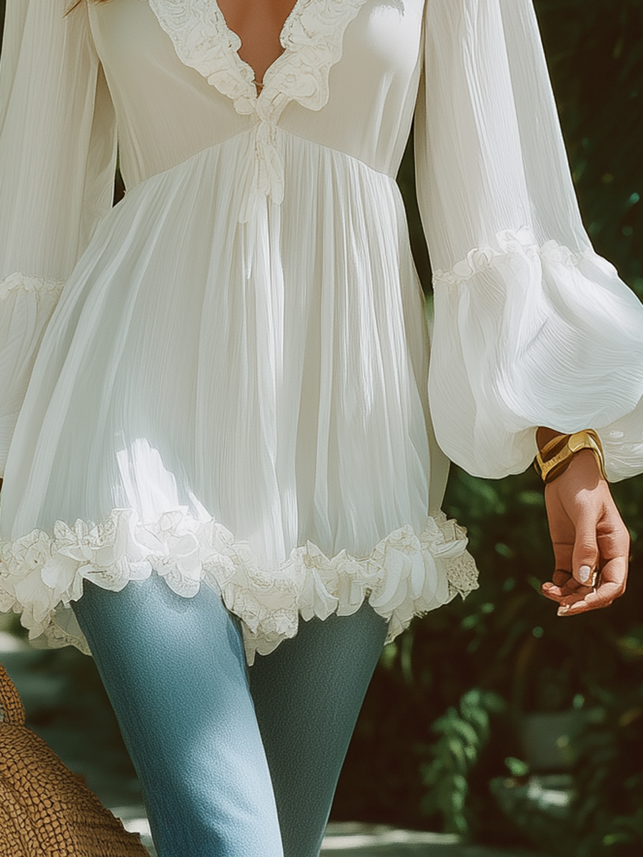 Romantic Vacation V-neck Ruffled White Chiffon Long-sleeved Shirt